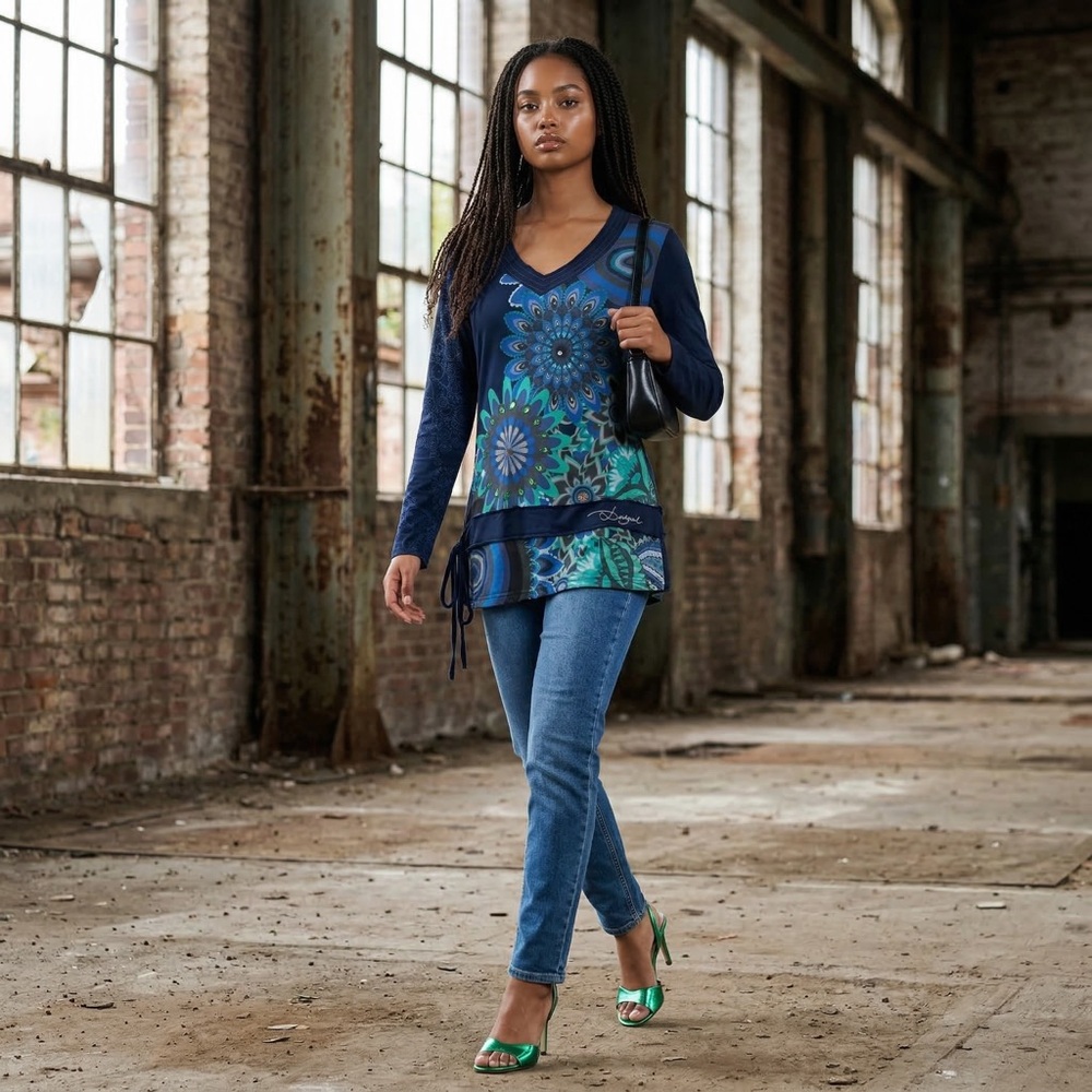 Desigual Style Artistic Print Tunic Top Blue Boho V-Neck Long Sleeve Statement